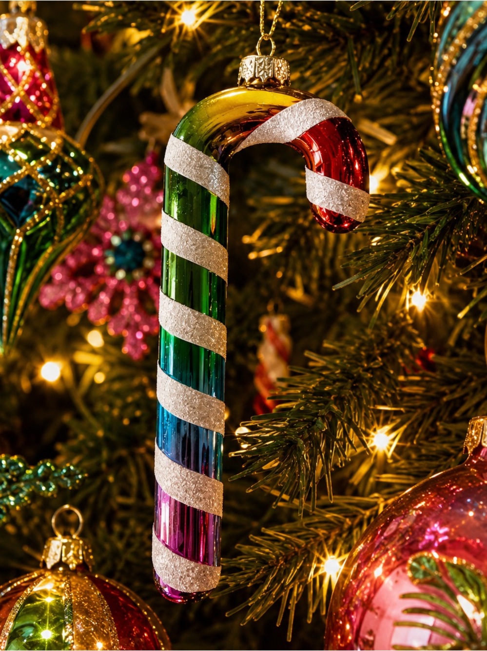 Macy’s Holiday Lane Glass Candy Cane Ornament Rainbow Multicolor NWT